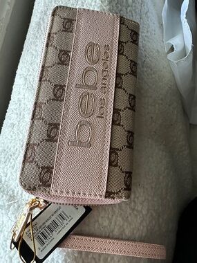 bebe Pink and Beige Logo Zip Wallet